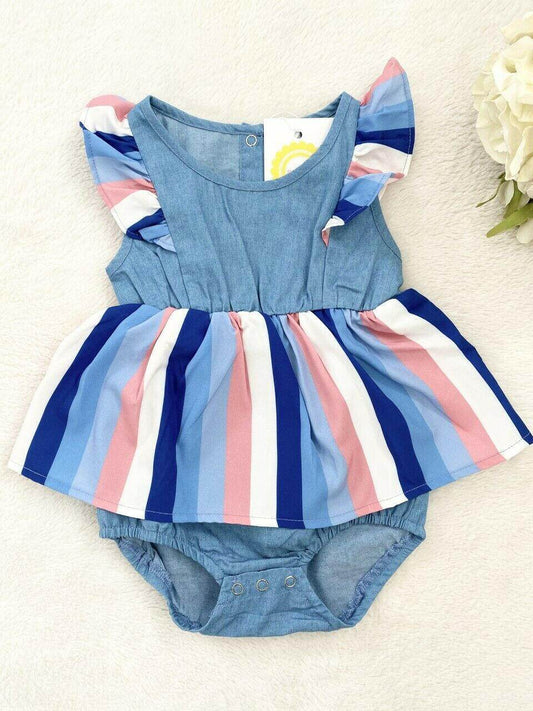 Baby Girls Dress Size 3-6 months Blue & Pink Striped Chambray Baby Girls Dress - MARIGOLD 