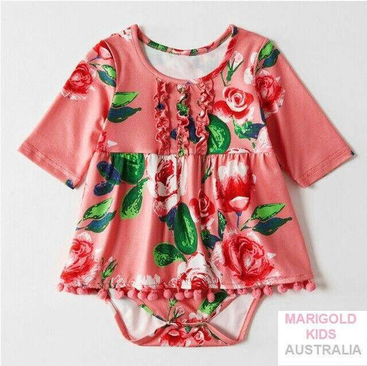 baby girls dress size 3-6 months coral pink floral dress and headband set - MARIGOLD 