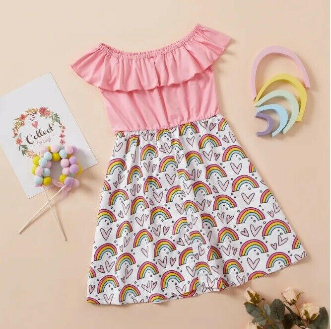Girls Dress- Rainbow and Heart Print Pink Off-Shoulder Girls Dress - MARIGOLD 