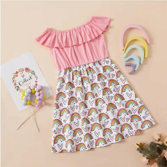 Girls Dress- Rainbow and Heart Print Pink Off-Shoulder Girls Dress - MARIGOLD 