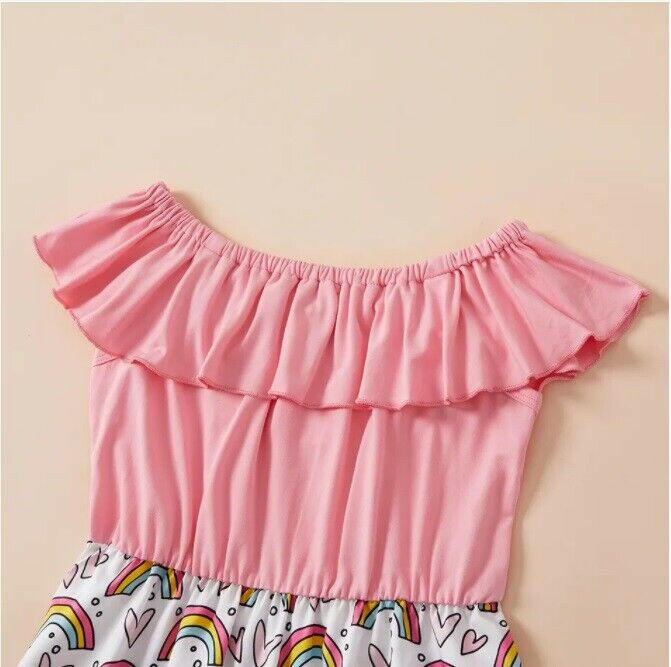 Girls Dress- Rainbow and Heart Print Pink Off-Shoulder Girls Dress - MARIGOLD 
