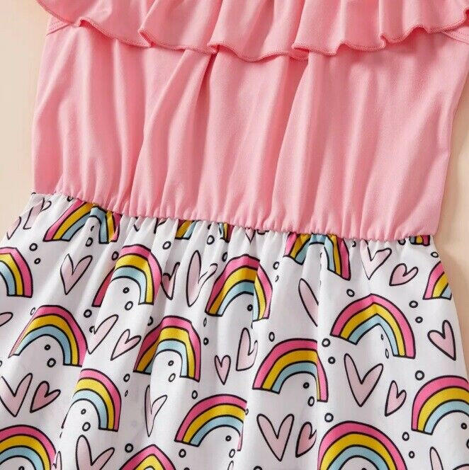 Girls Dress- Rainbow and Heart Print Pink Off-Shoulder Girls Dress - MARIGOLD 