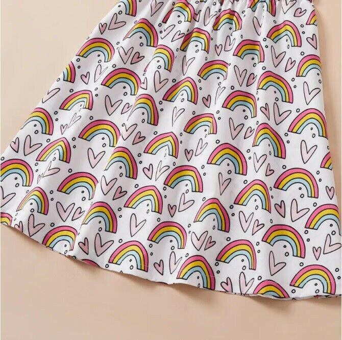 Girls Dress- Rainbow and Heart Print Pink Off-Shoulder Girls Dress - MARIGOLD 