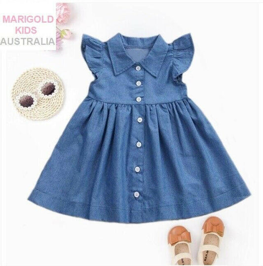 Girls Dress New Blue Chambray Flutter Sleeve Girls Dress - MARIGOLD 