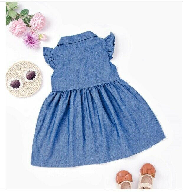 Girls Dress New Blue Chambray Flutter Sleeve Girls Dress - MARIGOLD 