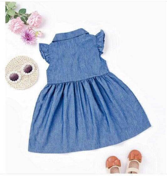 Girls Dress New Blue Chambray Flutter Sleeve Girls Dress - MARIGOLD 