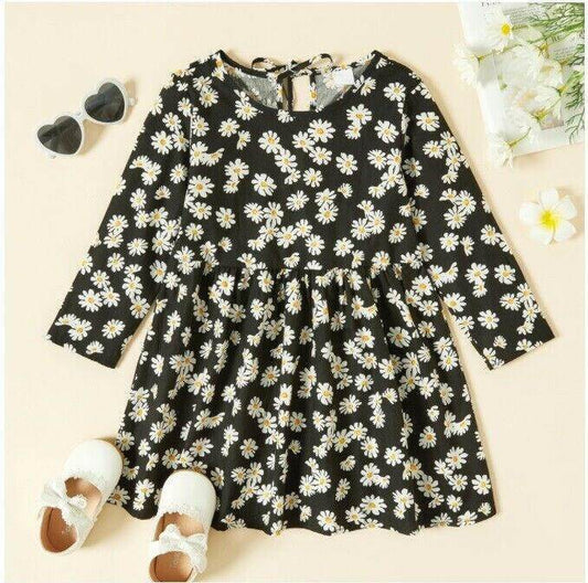 size 18-24m to 5-6y new girls dress black daisy print long sleeve cotton dress - MARIGOLD 
