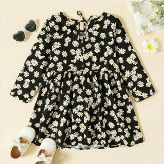 size 18-24m to 5-6y new girls dress black daisy print long sleeve cotton dress - MARIGOLD 