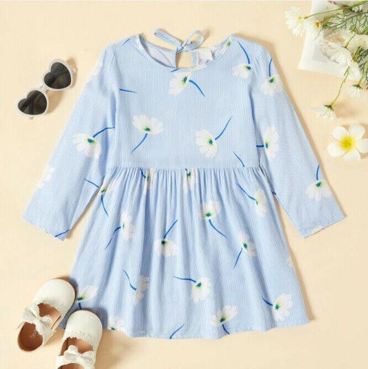 size 18-24m to 5-6y new girls dress blue striped long sleeve white floral dress - MARIGOLD 