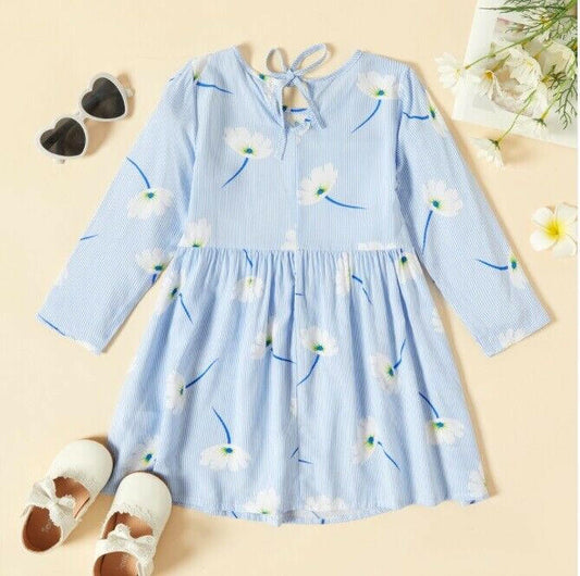 size 18-24m to 5-6y new girls dress blue striped long sleeve white floral dress - MARIGOLD 