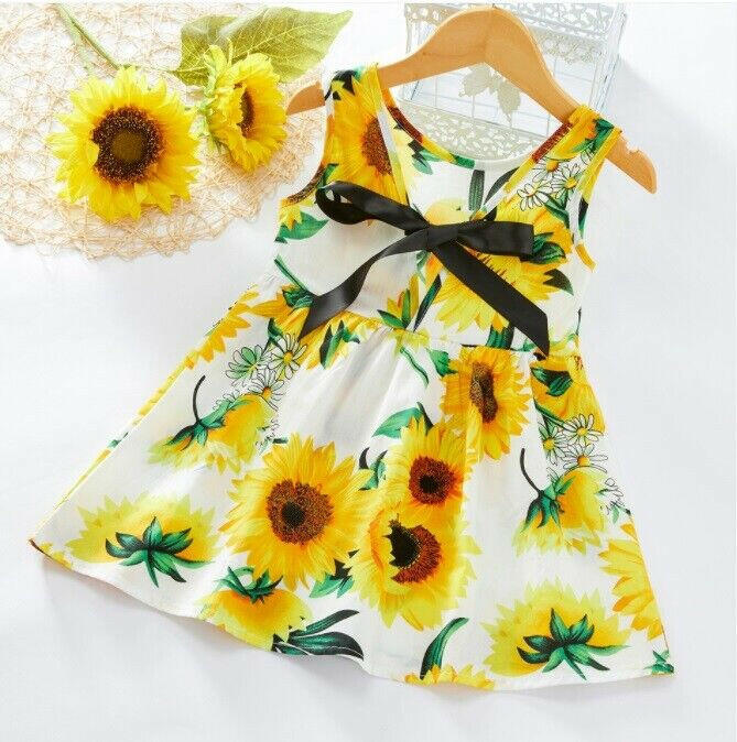 Girls Dress- Girls' White Cotton Sunflower Print Dress with Black Satin Bowknot - MARIGOLD 