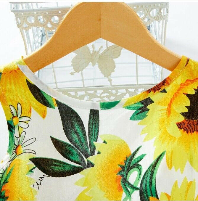 Girls Dress- Girls' White Cotton Sunflower Print Dress with Black Satin Bowknot - MARIGOLD 