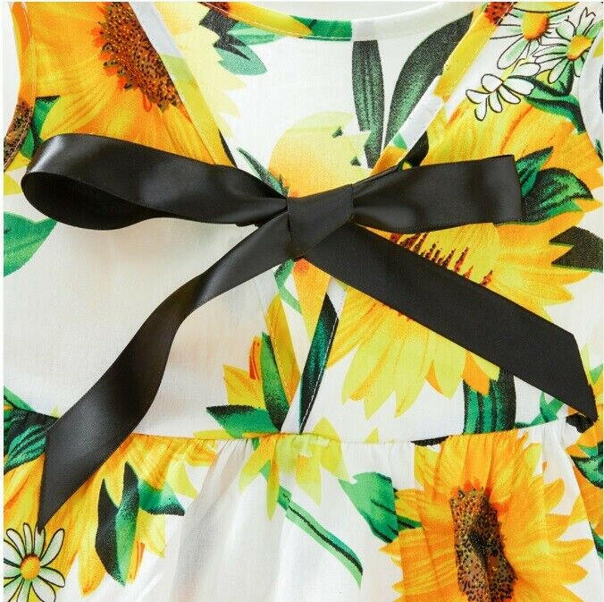 Girls Dress- Girls' White Cotton Sunflower Print Dress with Black Satin Bowknot - MARIGOLD 