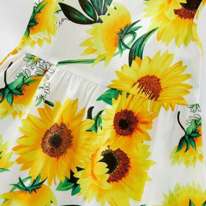 Girls Dress- Girls' White Cotton Sunflower Print Dress with Black Satin Bowknot - MARIGOLD 