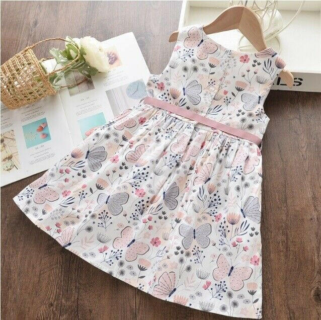 Girls Dress New Pink Grey Butterfly Floral Girls Dress 100% Cotton Girls Dress - MARIGOLD 
