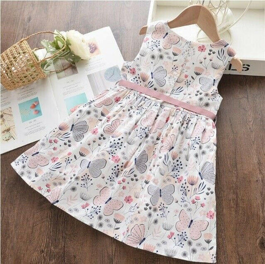 Girls Dress New Pink Grey Butterfly Floral Girls Dress 100% Cotton Girls Dress - MARIGOLD 