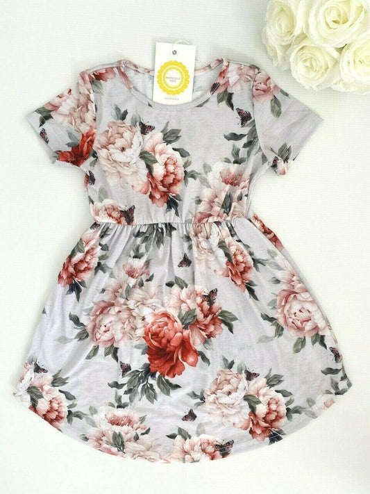 Girls Dress-Girls' Floral and Butterfly Print Light Grey Curve Hem Dress - MARIGOLD 