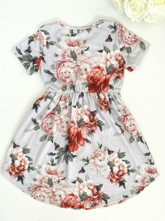 Girls Dress-Girls' Floral and Butterfly Print Light Grey Curve Hem Dress - MARIGOLD 