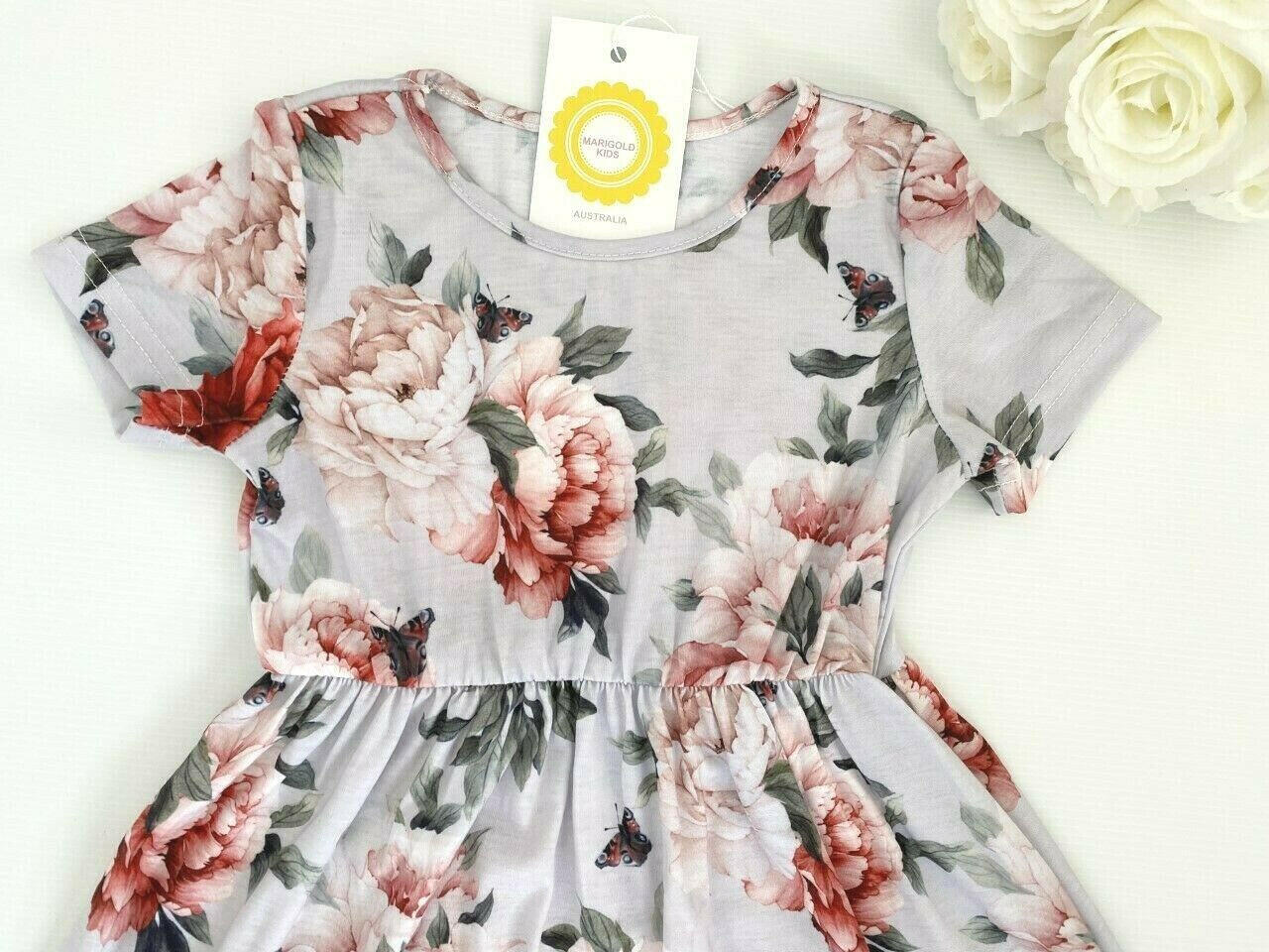 Girls Dress-Girls' Floral and Butterfly Print Light Grey Curve Hem Dress - MARIGOLD 