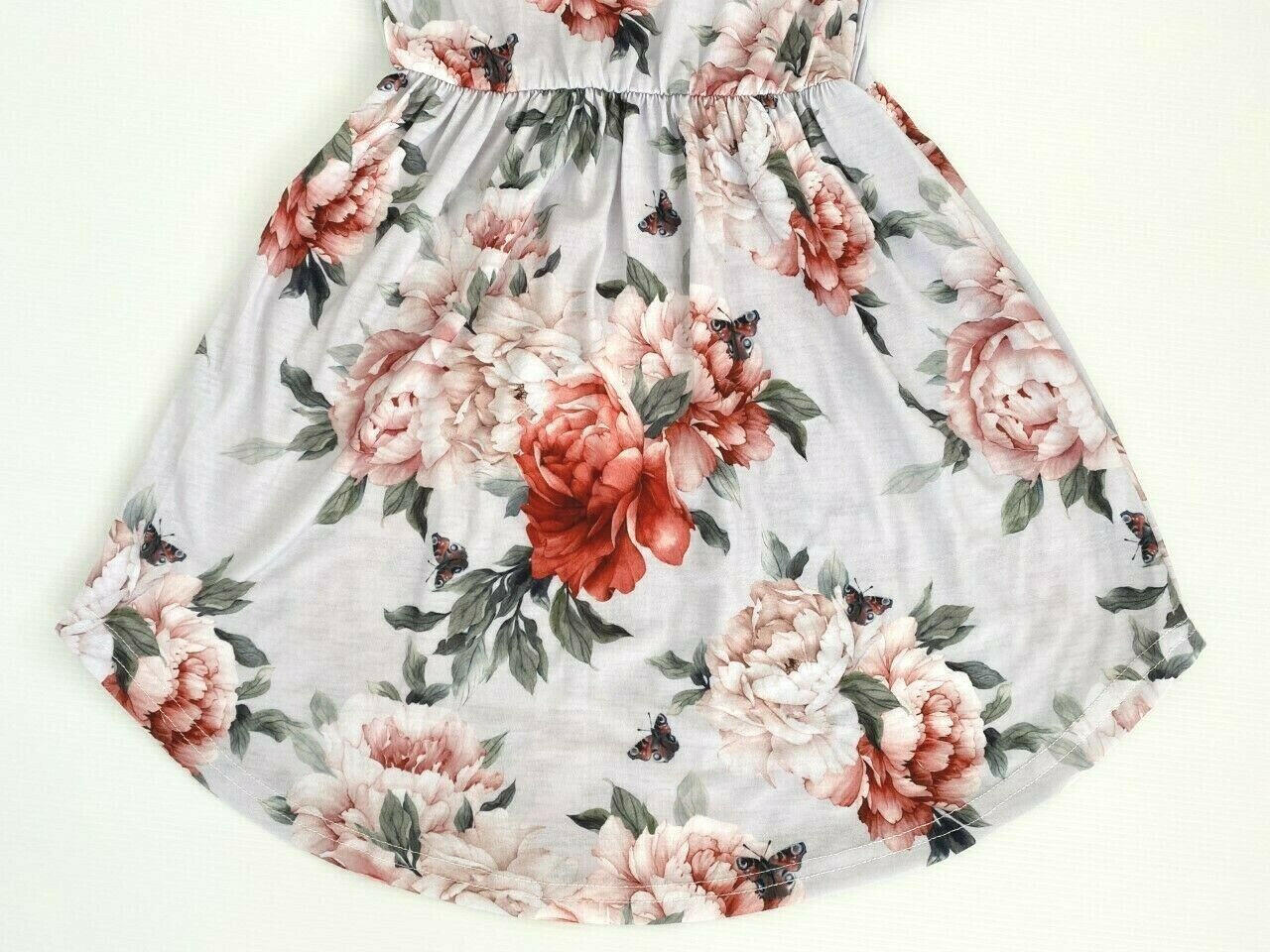 Girls Dress-Girls' Floral and Butterfly Print Light Grey Curve Hem Dress - MARIGOLD 