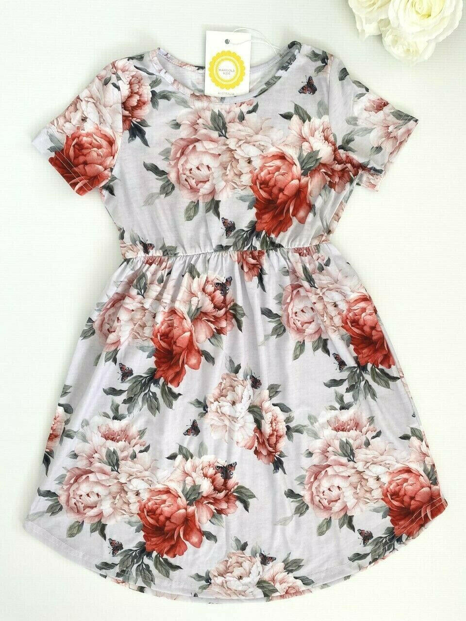 Girls Dress-Girls' Floral and Butterfly Print Light Grey Curve Hem Dress - MARIGOLD 