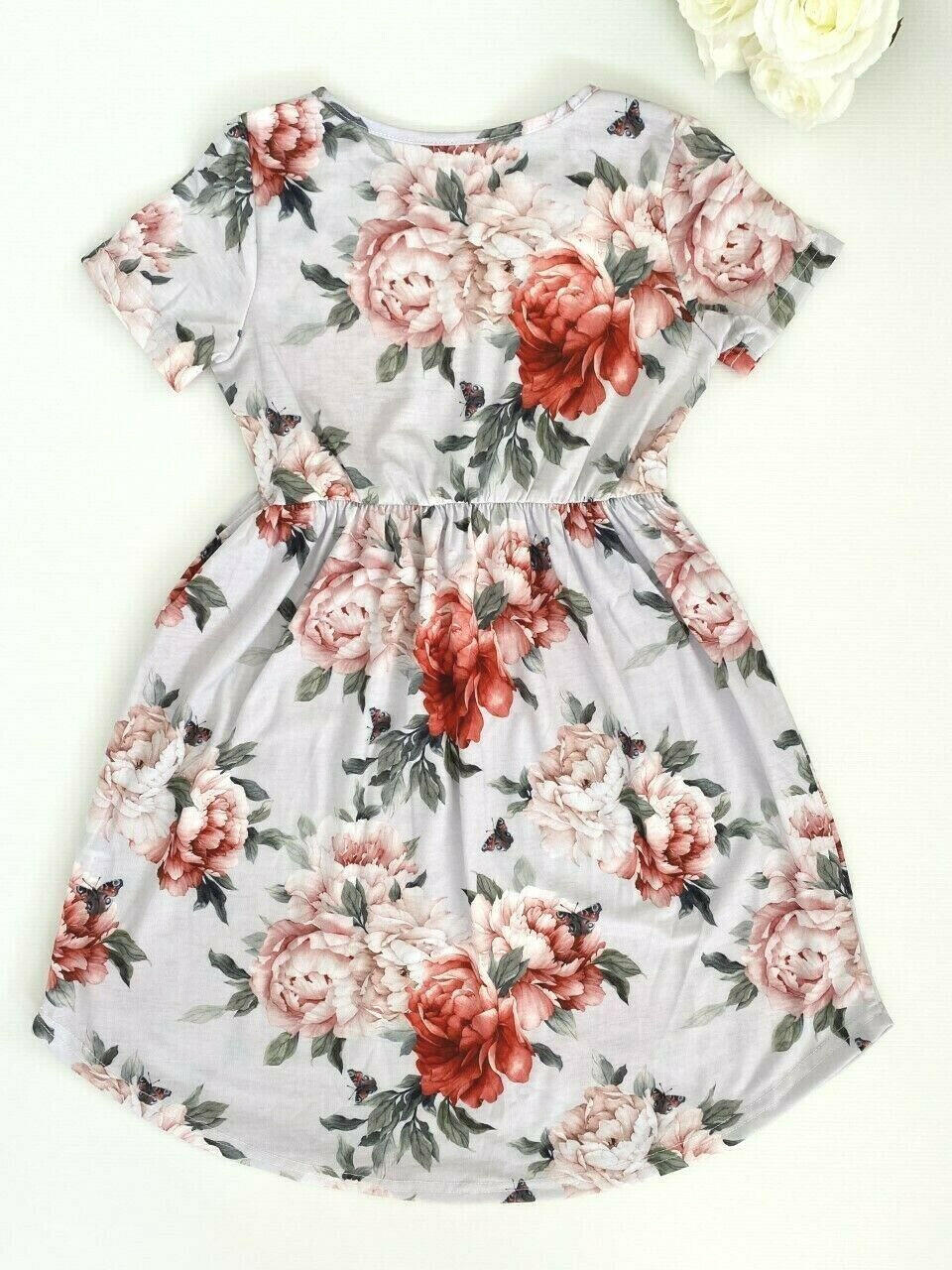 Girls Dress-Girls' Floral and Butterfly Print Light Grey Curve Hem Dress - MARIGOLD 