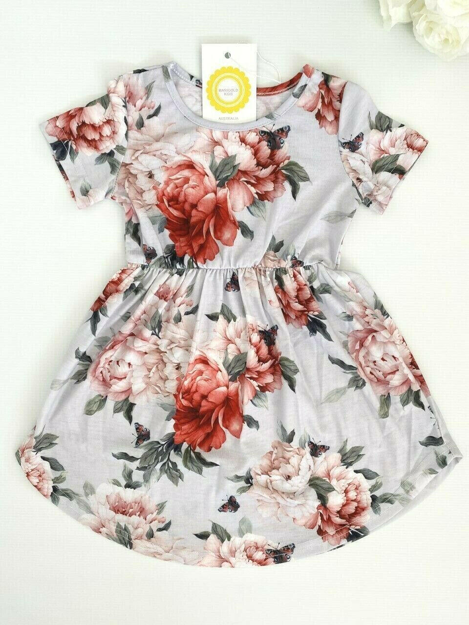 Girls Dress-Girls' Floral and Butterfly Print Light Grey Curve Hem Dress - MARIGOLD 