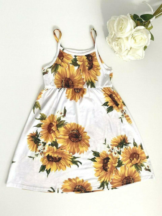Girls Dress- Girls' Yellow Sunflower Print Midi Tank Dress - MARIGOLD 