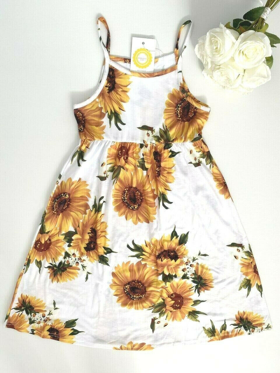 Girls Dress- Girls' Yellow Sunflower Print Midi Tank Dress - MARIGOLD 