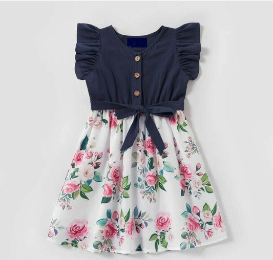 girls dress navy blue flutter sleeve floral cotton dress - MARIGOLD 