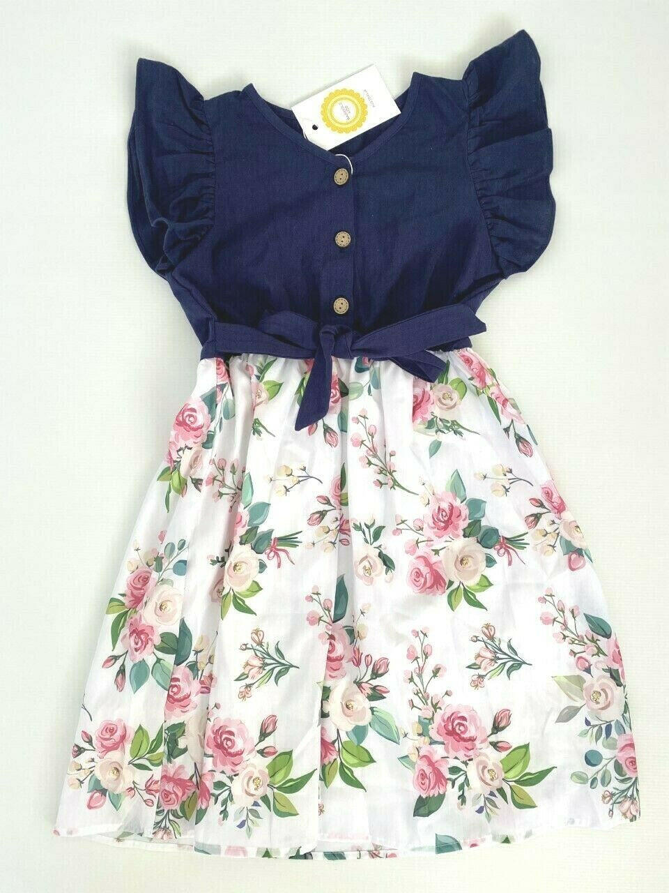 girls dress navy blue flutter sleeve floral cotton dress - MARIGOLD 