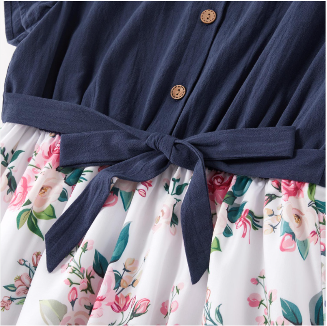 girls dress navy blue flutter sleeve floral cotton dress - MARIGOLD 