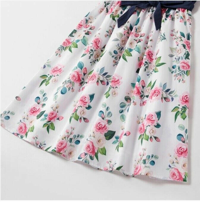 girls dress navy blue flutter sleeve floral cotton dress - MARIGOLD 