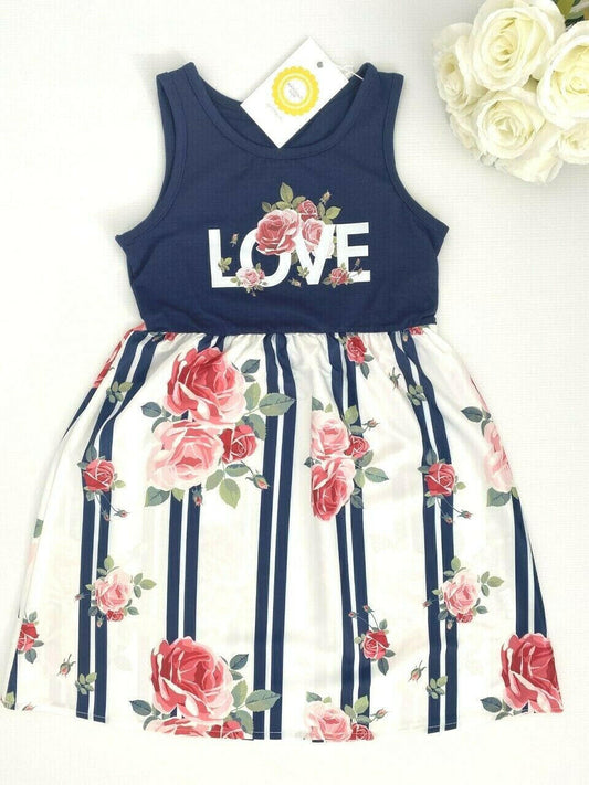 Girls dress new navy and white love and roses stripe girls dress - MARIGOLD 