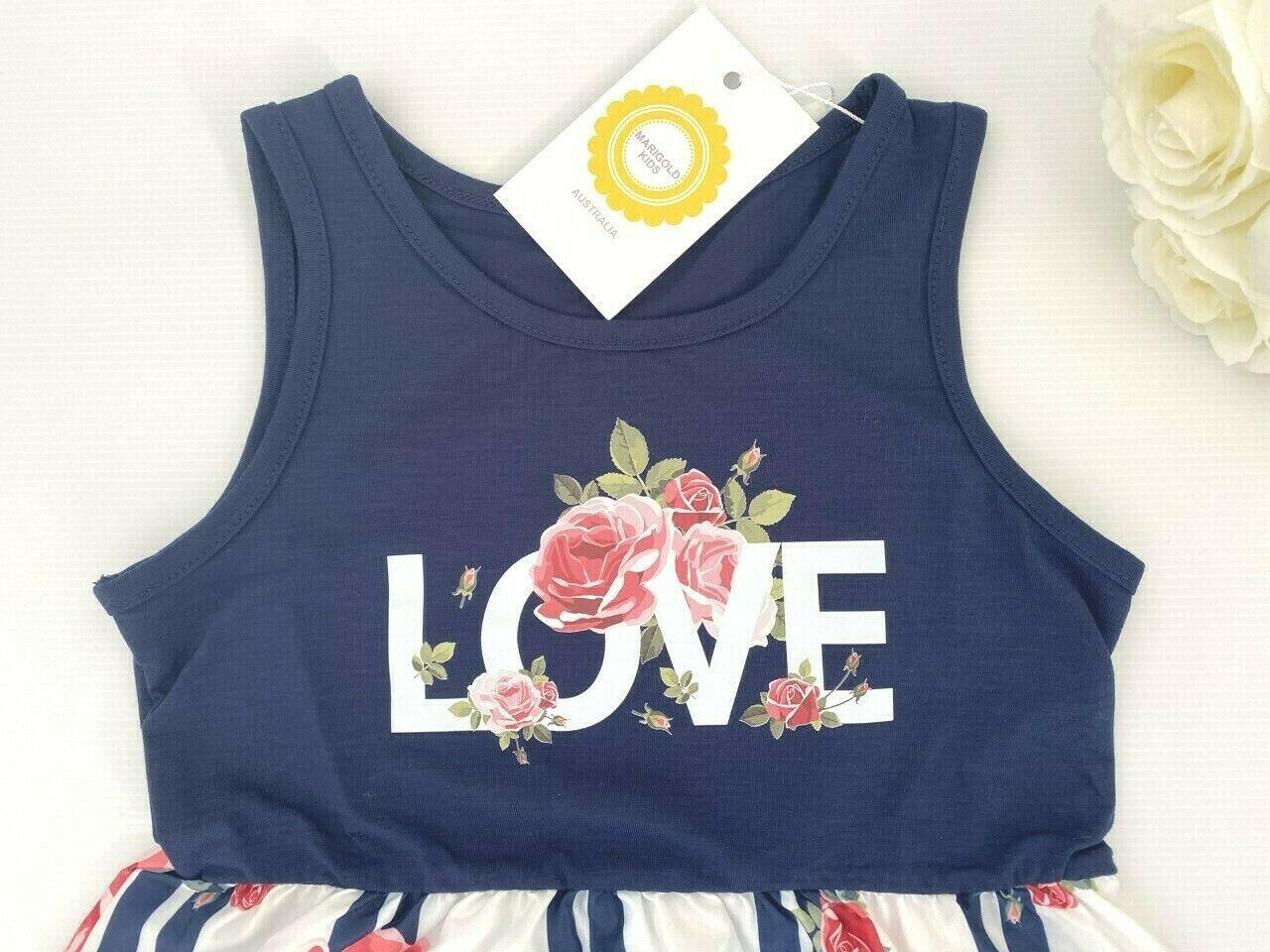 Girls dress new navy and white love and roses stripe girls dress - MARIGOLD 
