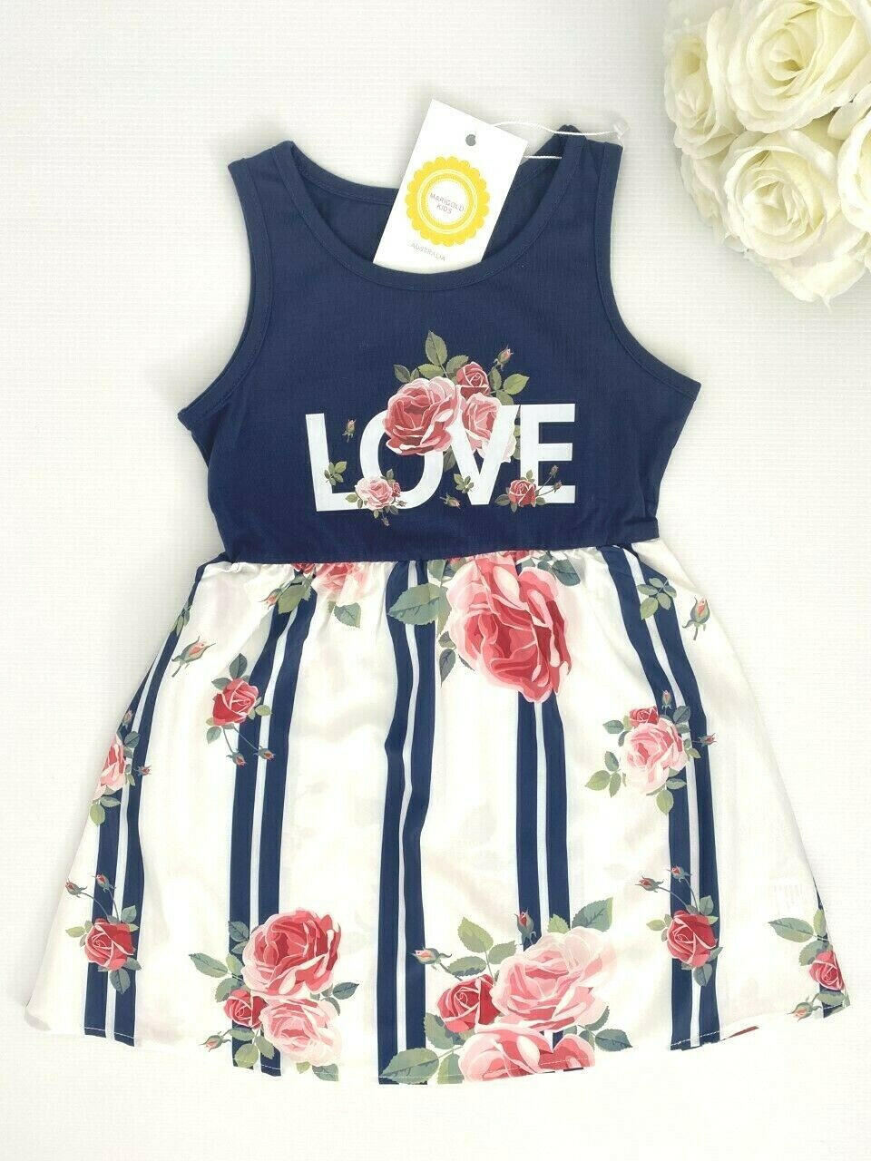 Girls dress new navy and white love and roses stripe girls dress - MARIGOLD 