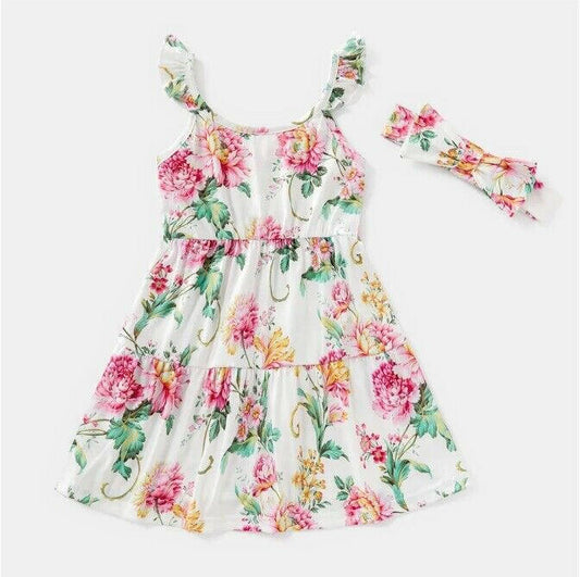 Girls dress new pink floral flutter sleeve dress & headband set - MARIGOLD 