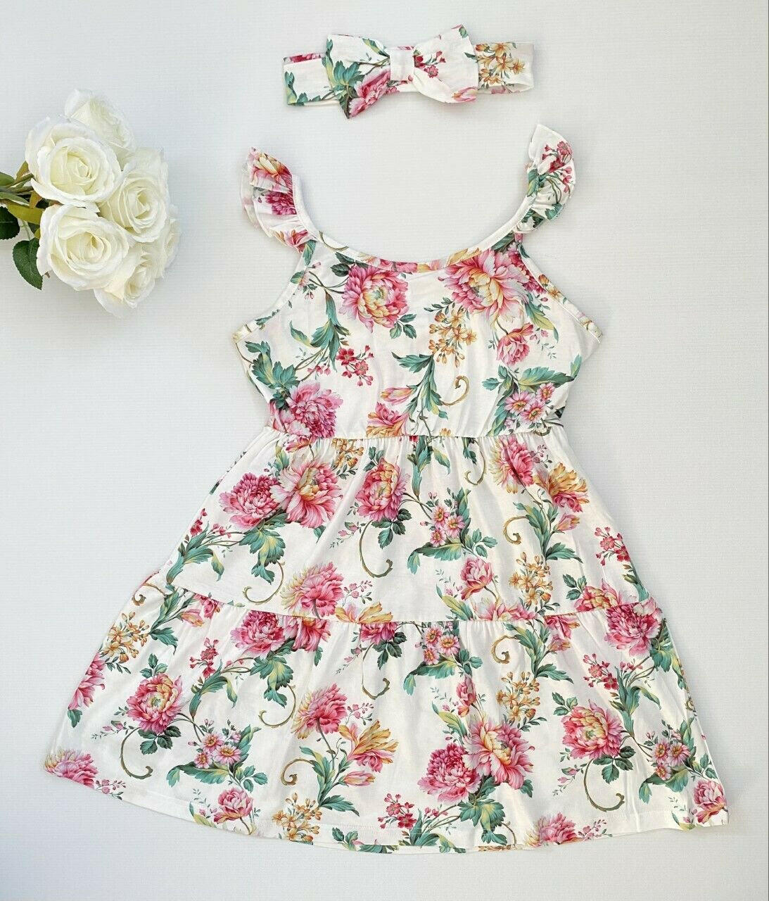 Girls dress new pink floral flutter sleeve dress & headband set - MARIGOLD 