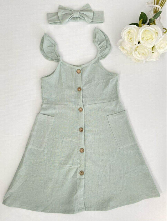 Girls Dress size 2/3/4/6/8 years green flutter sleeve button dress & headband - MARIGOLD 