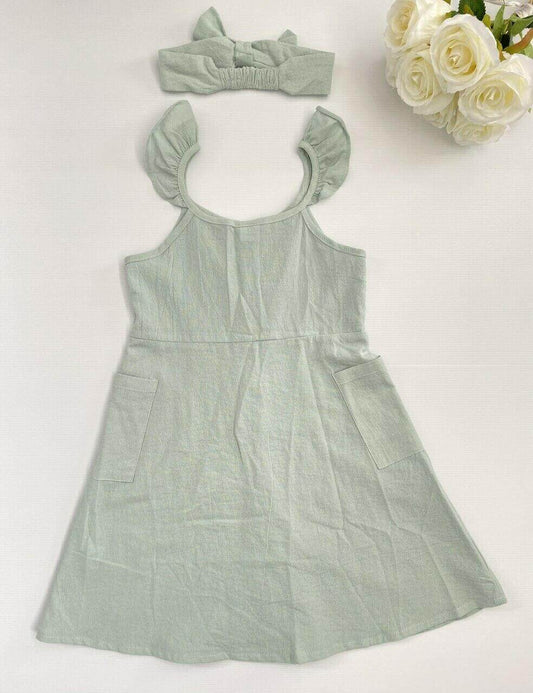 Girls Dress size 2/3/4/6/8 years green flutter sleeve button dress & headband - MARIGOLD 