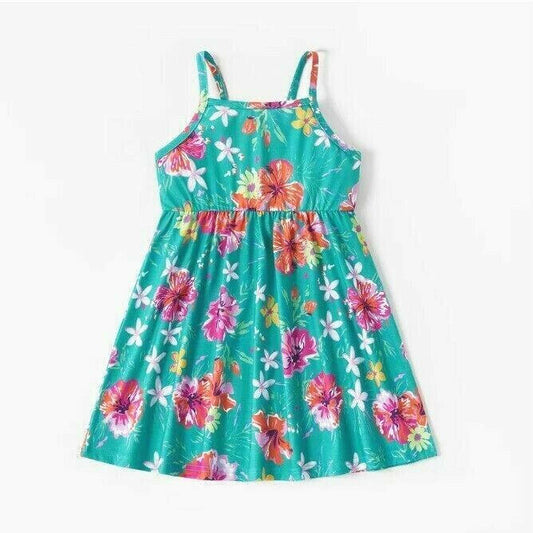 Girls Dress Turquoise Green Hibiscus Flower Print Dress - MARIGOLD 