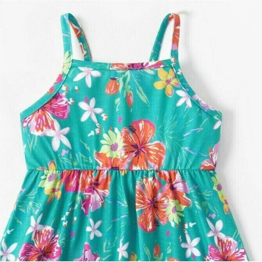 Girls Dress Turquoise Green Hibiscus Flower Print Dress - MARIGOLD 