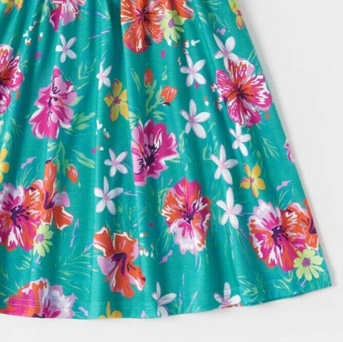 Girls Dress Turquoise Green Hibiscus Flower Print Dress - MARIGOLD 