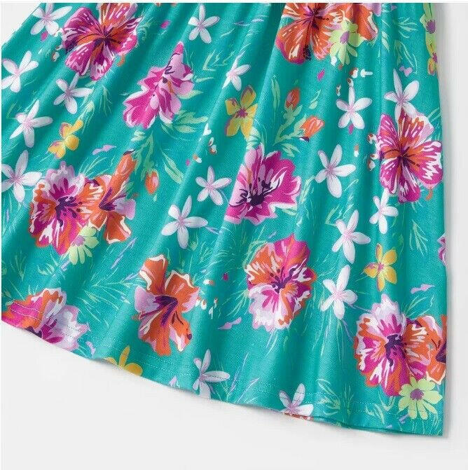 Girls Dress Turquoise Green Hibiscus Flower Print Dress - MARIGOLD 