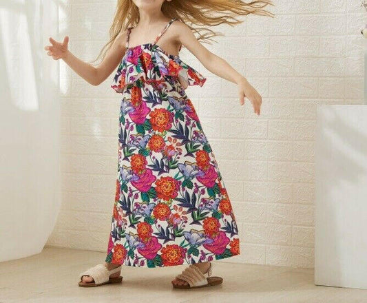Girls Dress- Vibrant Floral Flounce Maxi Dress - MARIGOLD 