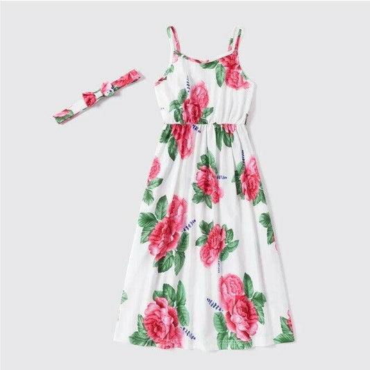 Girls Maxi Dress- Girls' Pink Floral Maxi Dress and Headband Set - MARIGOLD 