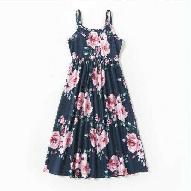 Girls Pink Floral Print Navy Blue Maxi Dress - MARIGOLD 