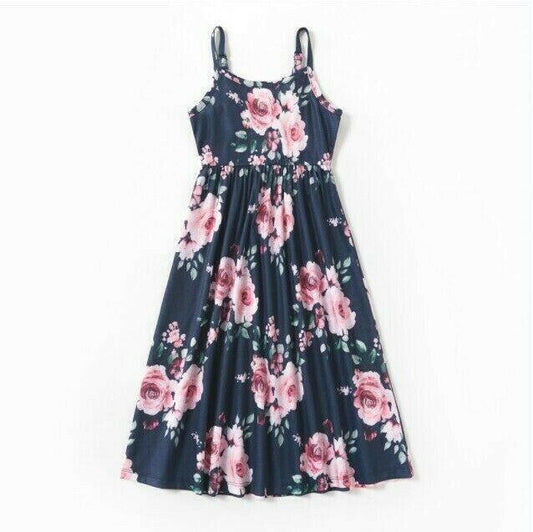 Girls Pink Floral Print Navy Blue Maxi Dress - MARIGOLD 