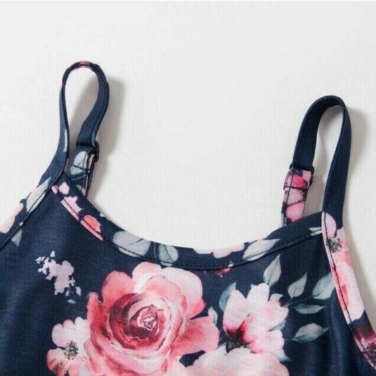 Girls Pink Floral Print Navy Blue Maxi Dress - MARIGOLD 