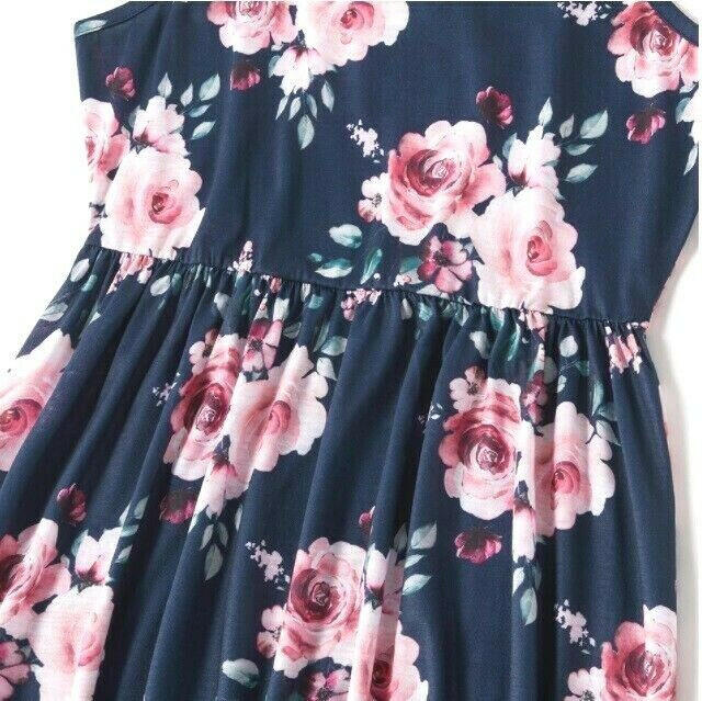 Girls Pink Floral Print Navy Blue Maxi Dress - MARIGOLD 